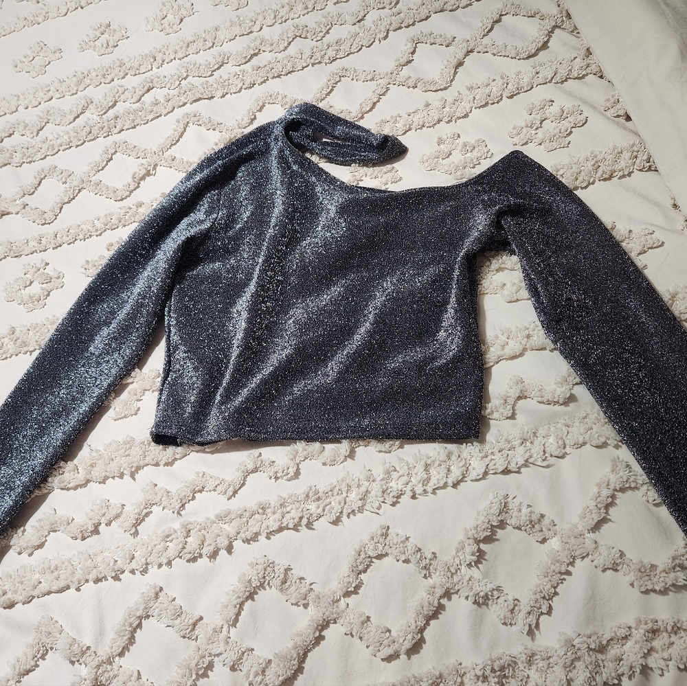 Glittery One-Shoulder Long Sleeve Top